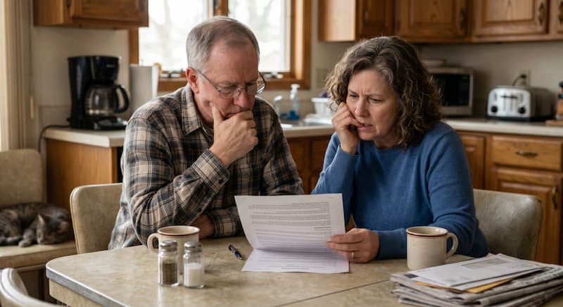 a couple reading a documinent, thinking if a revocable trust is for them