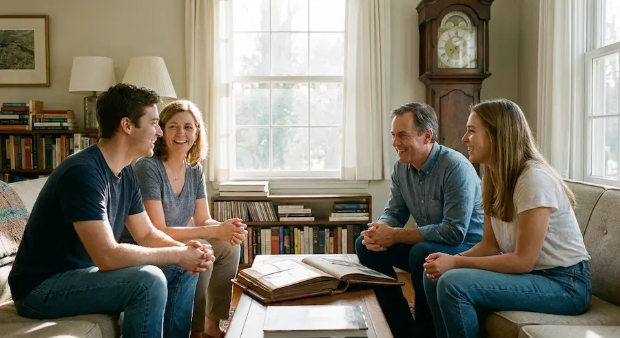 a multi-generational family comfortably gathered in a well-appointed, lived-in living room