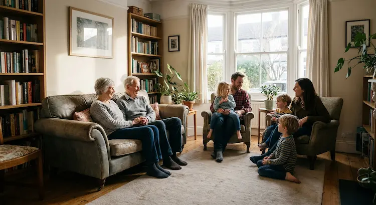 A happy family sitting together on the couch after hiring an irrevocable trust attorney
