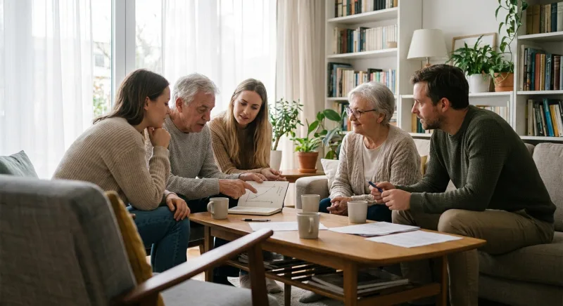 Multi-generational family reviewing estate planning notes together in a Huntersville living room